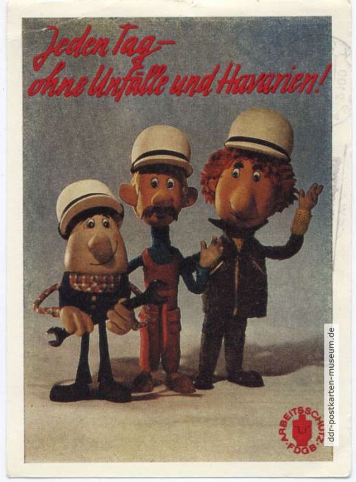 Werbekarte für Arbeitsschutzmaßnahmen mit Theo, Tipp und Topp - 1987