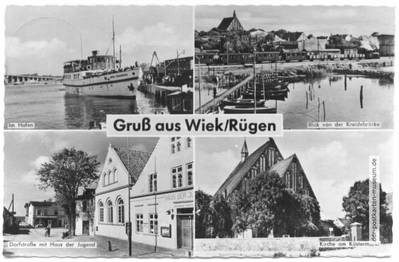 Fährschiff  "Insel Hiddensee", Blick nach Wiek, "Haus der Jugend", Kirche - 1959