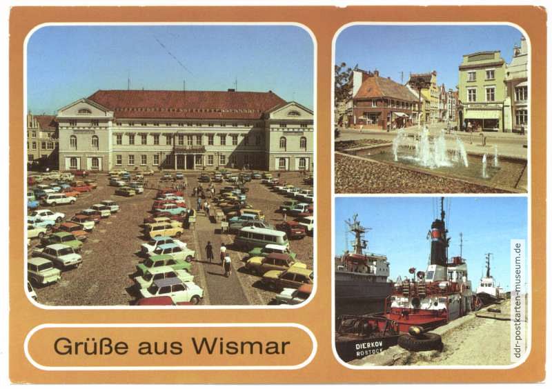 Marktplatz mit Rathaus, Wasserspiel, Schlepper am Kai - 1988